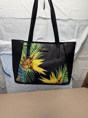 Calvin Klein Black Tote with Yellow & Green Tropical Print